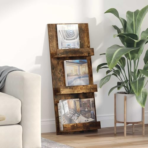 Ziaphsol Étagère à revues en chêne fumé - 43 x 11 x 102 cm - Avec 3 étagères, magazines et brochures - Pour ranger dans le salon ou le bureau