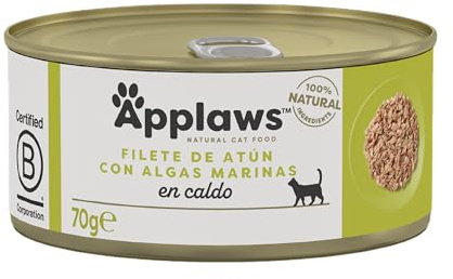 Applaws 100% naturligt premiumvåtfoder för katter, tonfiskfilé med alger i buljong för vuxna katter – 24 x 70 g burkar
