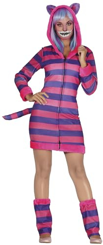 FIESTAS GUIRCA | Striped Cat Fancy Dress for Women (10-12/M) - Dress, Hood, Tail and Leg Warmers - Animal Costumes for World Book Day, Halloween, Carnival and Fancy Dress Parties - Pink and Purple