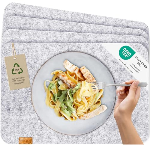 MIQIO® Scandi Style Felt Place Mats - Felt & Leather - Washable | Set of 4 Felt Placemats 44x30 cm | Table Mats for Table Decoration | Light Grey