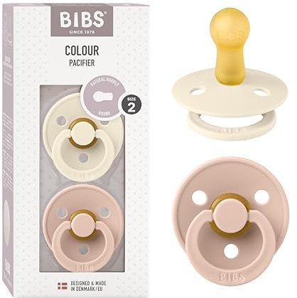 BIBS Colour Soother 2-Pack, BPA Free Dummy Pacifier, Round Nipple. Natural Rubber Latex, Size 2 (6-18 Months), Ivory/Blush