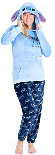 Disney Pigiama Donna Invernale Pile Stitch Minnie Minou Simba Winnie The Pooh (L, Blu Stitch)