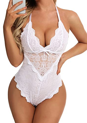 Aranmei Sexig bodysuit med tryckknappsgren för kvinnor Fräck endelad spets babydoll underkläder teddy, Vitt, M