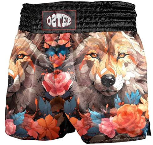 O2TEE Wolf Flowers Muay Thai Shorts MMA Gym Boxing Fighting Martial Arts Gear for Girls,XS