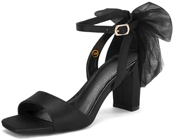 Coutgo Women's Bow Tie Heeled Sandals Chunky Heels One Strap Satin Ankle Buckle Dress Wedding Shoes, Black, Size 9