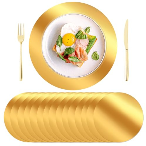 KesaPlan 100PCS Round Gold Placemats, 13 Disposable Paper Placemats for Dining Table, Mirrored Gold Charger Place Mat for Kitchen Banquet Table Setting Wedding Birthday Dinner Party Decor