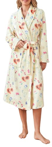 Frauen Obst gedruckt Robe Niedliche Blume Kleid Flanell Bademantel mit Gürtel, Gelbe Frucht, 36