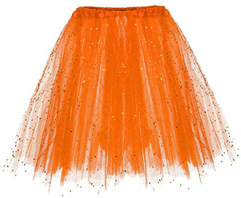 Karneval Damen Pailletten Tüllrock Dehnbaren Tütü Rock Minirock Erwachsene Petticoat Tanzkleid Tutu Rock Adult Teen Ballettrock Tüllrock für Party Ballett Tanzen Halloween Party (Orange, One Size)