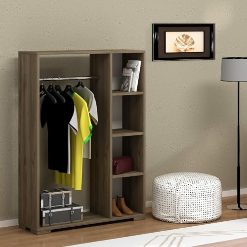 [en.casa] Armoire pour Chambre Portant à Vêtements Garde-Robe Ouvert avec Barre de Penderie 4 Compartiments de Rangement Panneau de Particules Plastique 123 x 90 x 30 cm Effet Noyer