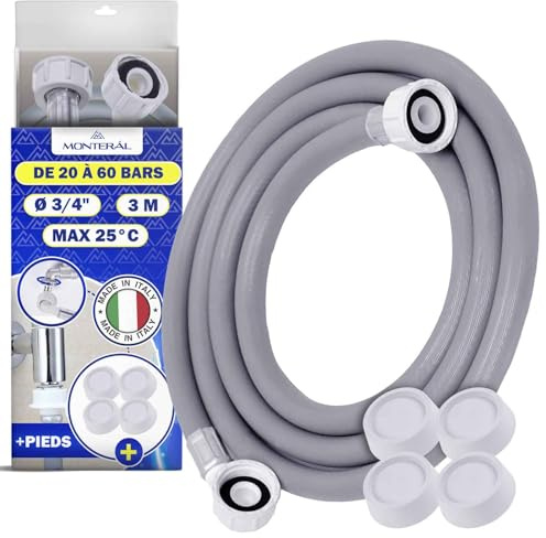 Tuyau Machine à Laver et Lave Vaisselle 3 m pour Arrivee Deau 25°C de 20 à 60 Bar Connexion est Droite et Coudée Ø 3/4 - Complet 4 Patin Anti Vibration Machine à Laver - MADE IN ITALY - MONTERAL