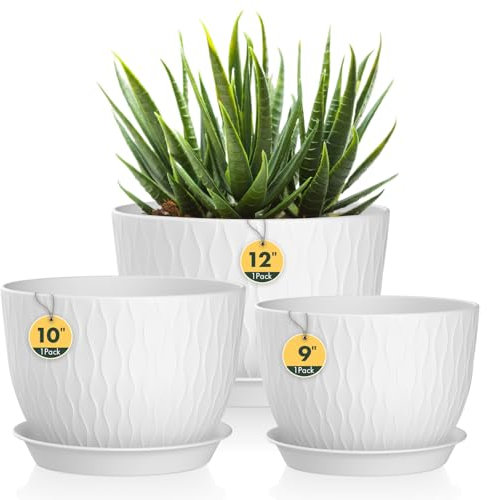 3 Pack Plastic Plant Pots,30/25/23CM,Large Plant Pots Indoor Flower Pots with Drainage Holes Saucer and Reservoir for All House Plants(White)