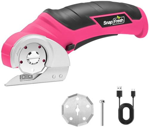 SnapFresh Cardboard Cutter 4V Rotary Cutter Cordless Electric Scissors with 2 Self-Sharpening Blades & Safety Lock for Fabric, Cardboard, Leather, Carpet, Plastic, Box Cutting(Pink)
