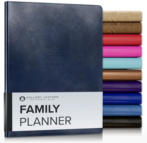 Gallery Leather Family Planner 2025-2026, for moms, Elegantly Bound Calendar Planner and Notebook with Stylish White Page Edges, 18 Months - Acadia Navy - 9 x 7 