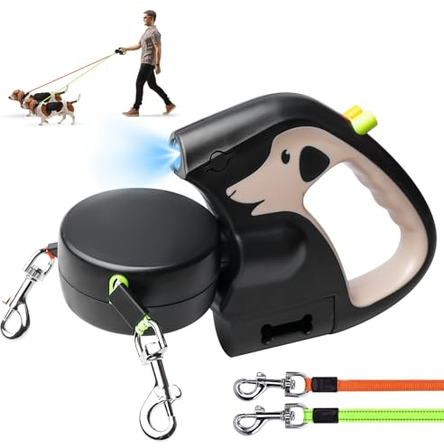 Correa Retráctil Doble para Perro, Correa para Perros con Luz, Correa para Perros De 3 Metros, Correa Extensible con Cómodo Mango Ergonómico, Correa Extensible para Dos Perros(Marrón)