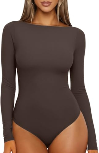 Sukiglam Body Femme Manches Longues Col Bateau Bodysuit Top Basique Élégant Body Moulant Casual Jumpsuit Tops Couleur Unie Blouses Chemisiers Autunno Gainant Confortable pour Tous les Jours
