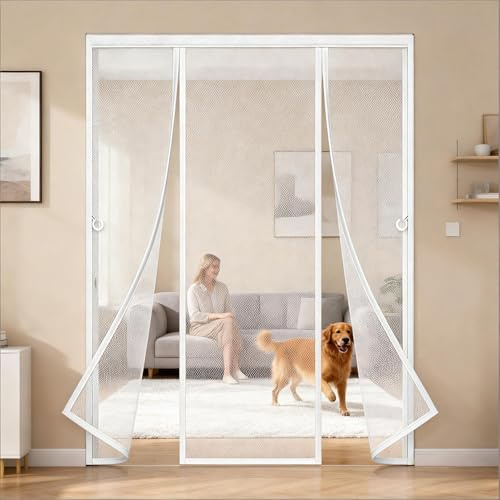 Moustiquaire de Double Porte Magnétique Sans Perçage Rideau Double Porte Anti Mouches et Insectes Deux côtés ouverts Fermeture Automatique Pour Fenêtres Patio Couloirs-White||120x200cm(47x79in)