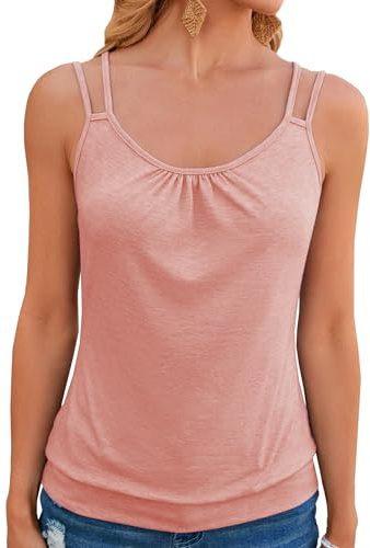 iChunhua Scoop Neck Vest Top Women Pleated Front Spaghetti Strap Camisole Summer Clothes with Banded Bottom