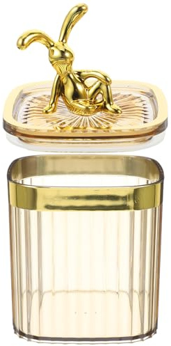 COSMEVIVI Contenedor para Discos de Algodón y Bastoncillos Diseño de Conejito Dorado, Caja Transparente de PP para Almacenamiento en Baño, Escritorio y Tocador