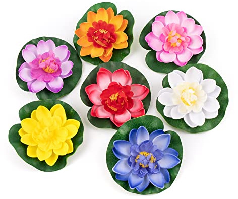 Framendino, 7 Pack Artificial Floating Foam Lotus Flower Water Lily Pads for Home Garden Pond Decoration