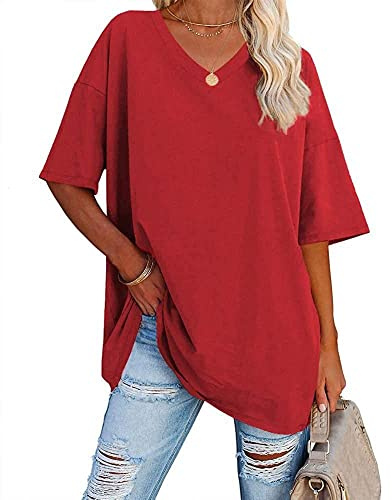 Famulily Maglietta da donna estiva casual con scollo a V a mezza manica maglietta da donna a maniche corte oversize magliette da baseball tunica top, Rosso, M
