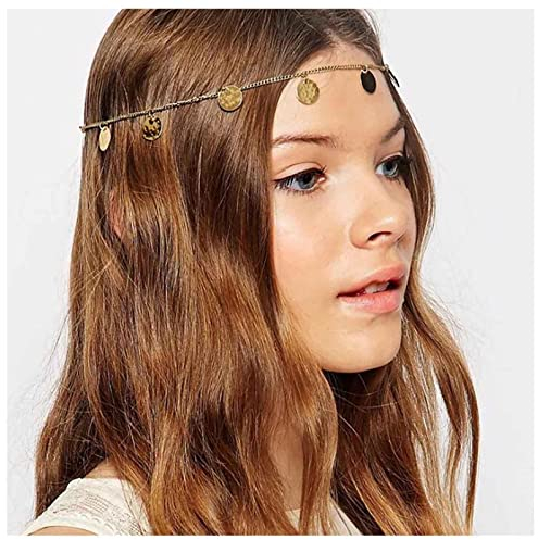 Inilbran Serre-tête Boho Avec Chaîne En Forme De Pièce De Monnaie, Coiffe Avec Chaîne En Forme De Disque En Or, Serre-tête Avec Paillettes En Or, Accessoires De Coiffure Fantaisie, Bijoux Pour Femmes