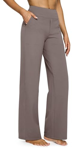 G4Free Yogabyxor för kvinnor, byxor med vida ben och fickor, hög midja, stretch, klänning, vardagliga träningsbyxor, Små/Normala/Långa, Mullvadsbrunt, XL