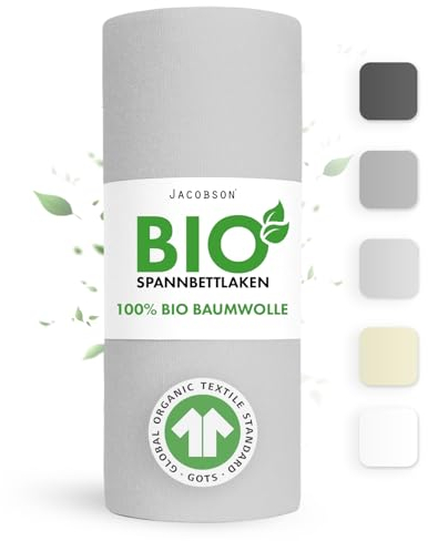 Jacobson Bio Spannbettlaken 140x200cm Baumwolle Spannbettlaken, GOTS zertifiziertes Bettlaken, 160g/m² Jersey Spannbetttuch (140x200, Hellgrau)