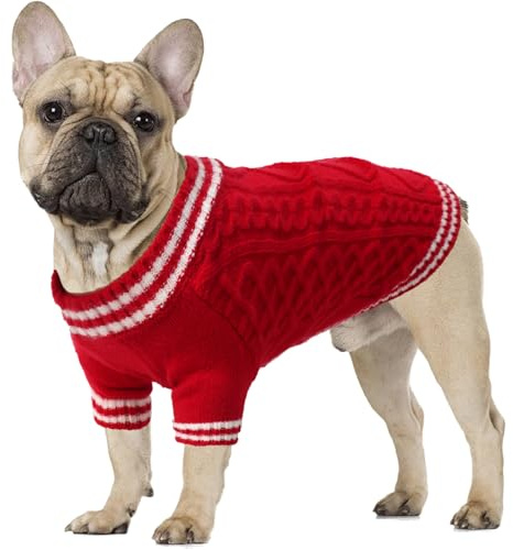 LiebeDD Hundtröjor medelstorlek, V-ringad stickad hundtröja med långa ärmar vinter varm jumper för valp små medelstora och stora hundar, för tax, fransk bulldogg, walesisk corgi, röd