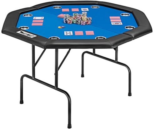 MUWO klappbarer Pokertisch für 8 Spieler – Achteckiger Spieltisch mit Filzbezug, Getränkehaltern und gepolsterter Armlehne – Robustes Stahlgestell, platzsparend lagerbar (Blau)