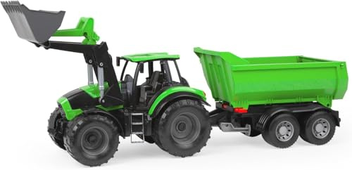 Lena 7250 Worxx Deutz-Fahr Agroton Traktor med släpvagn – 74 cm leksakstraktor 3+ år, för utomhus- och inomhusbruk, stålaxlar, tillverkad i Europa