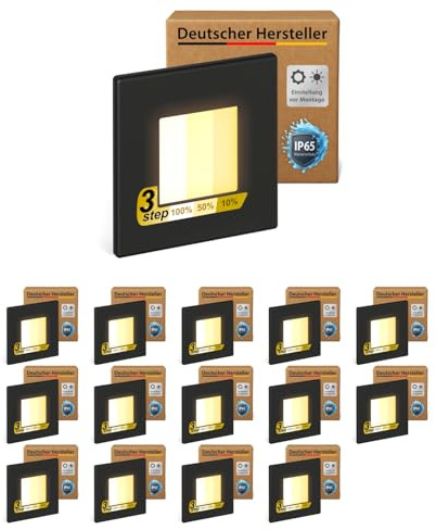 ledscom.de Luminaire d'escalier/encastré mural FEMA à 15 LED pour l'intérieur et l'extérieur, carré, noir, 80 x 80 mm, blanc chaud