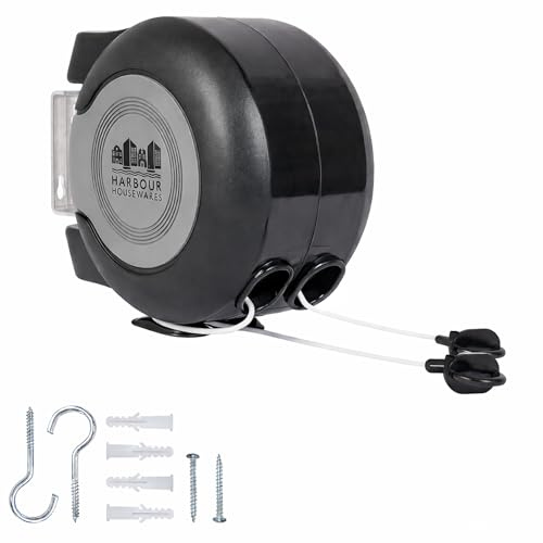 Harbour Housewares 2 x 15m Retractable Dual Cord Washing Line - Black Heavy Duty Wall Mounted Extendable Clothesline Twin Clothes Airer - Indoor Outdoor Laundry Drying Reel with Strong PVC Cords