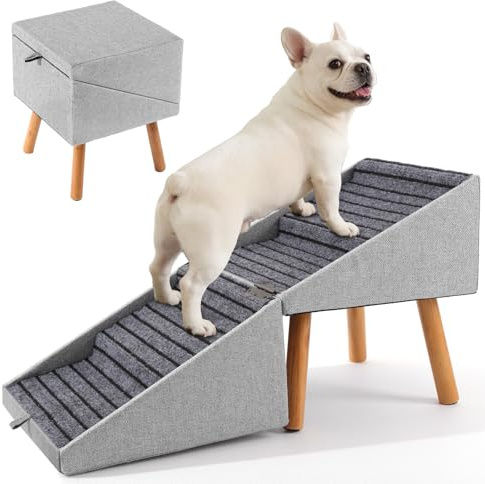Hundtrappa för små hundar och katter för soffa och säng, vikbar 2-i-1-trä husdjur steg för valpar, delad ottomansk design (ljusgrå – 43,5 cm hög)