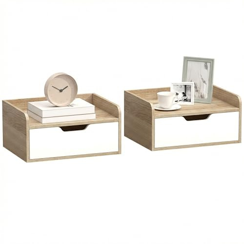 HOMCOM Lot de 2 Tables de Chevet Murales Moderne Blanc et Bois Naturel