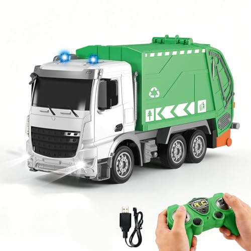 YESHIN 1:24 RC Véhicule Poubelle, Télécommande 6-Canaux 2,4G avec Lumière, Conteneur de Déchets Basculable, Balai & Poubelle, Jouet Réaliste pour Enfants, Jouet Robuste pour l'Extérieur et l'Intérieur