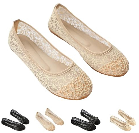 Eleganta ballerinaskor för damer med rosett, runt tåparti, tofflor, spetsbroderi, ballerinaskor, nättyg, virkade, platt, bekväma, ventilerande, bröllopsskor för brud
