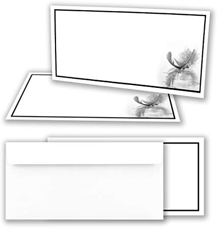 Set di 10 biglietti di condoglianze con busta DIN lungo, motivo cornice nera con piuma, biglietti di ringraziamento, senza finestra, biglietto di condoglianze