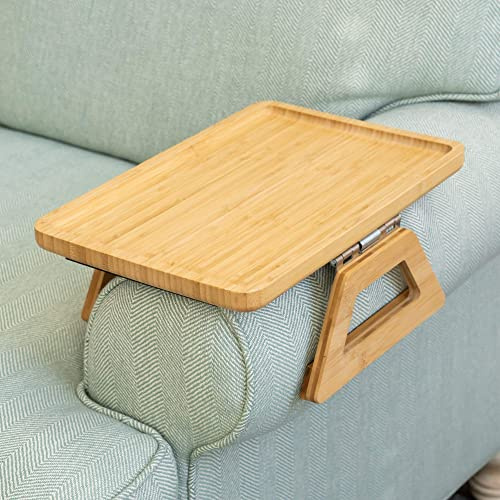 Shamrock Home Mesa de bambú con reposabrazos para sofá, bandeja de clip para sofás, bandeja para sofá para cenas de TV, mandos a distancia, bebidas, aperitivos y espacios pequeños, 13.7 x 9.5 pulgadas