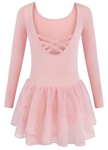 Arshiner Ballettkleider Mädchen Langarm Ballettkleidung Baumwolle Glitzer Tanzkleid Ballettanzug Kinder Balletttrikot mit Tüllrock
