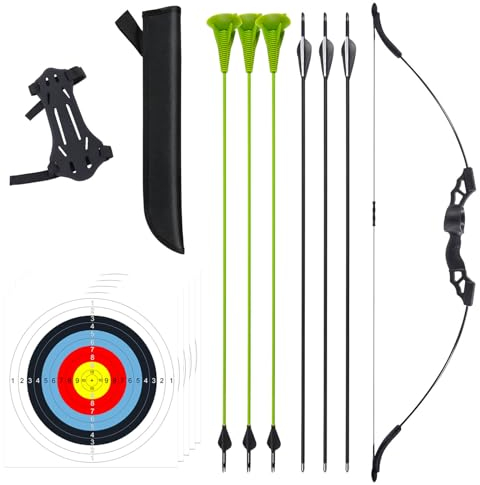 VALYPANOR Bogen und Pfeil Set für Jugend Junior Bogenschießen Longbow Training 18 Lb Bogen mit 6 Sicherheitspfeilen, 5 Ziel Gesichtspapier, Armschutz, Quiver, für Outdoor Sport Spiel Geschenk