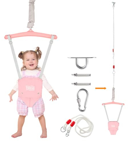 FUNLIO Baby Türhopser mit Deckenhaken für 6–24 Monate, Baby Hüpfschaukel für Drinnen und Draußen, Kleinkind Türhopser mit Verstellbarer Kette, einfach zu Montieren und Aufzubewahren - Rosa