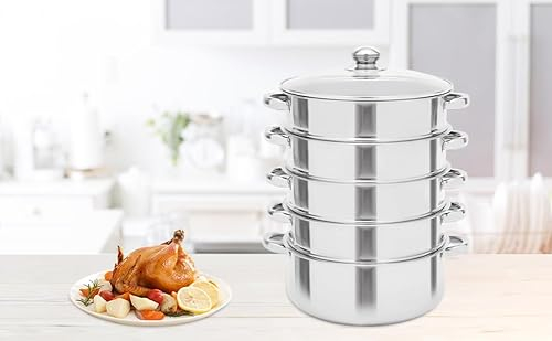 Hervidor de vapor de acero inoxidable de 5 capas, con tapa de cristal, olla a presión para cocina y cocina de inducción (28 cm)