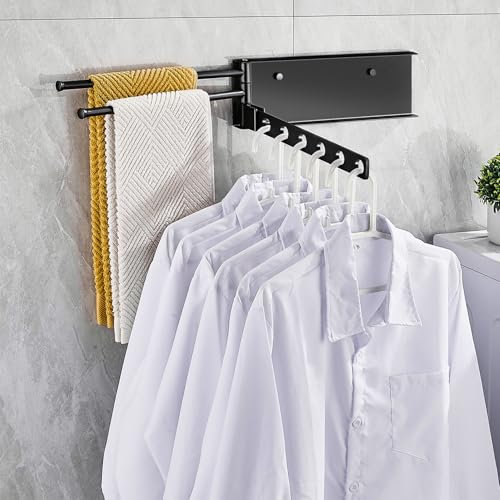 Kleiderhaken Wand, Kleiderhaken Klappbar, Stabilisieren Wand Kleiderständer Klappbar, Aluminum Kleiderlüfter Wandhaken Klappbar, 180°Drehbare Kleiderhaken für Balkon Waschküche Badezimmer (Schwarz)