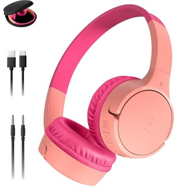 Belkin SoundForm Mini w/Case - Wireless Bluetooth Kids Headphones with 30H Battery Life, 85dB Safe Volume Limit, Built-in Microphone - Kids On-Ear Earphones for iPhone, iPad, & More - Pink
