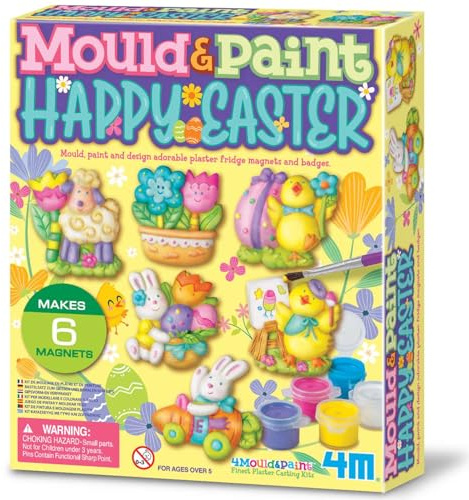 4M Kit de peinture et moule de Pâques - 6 aimants de réfrigérateur et badges - À partir de 5 ans - Kit de peinture sur plâtre pour garçons et filles