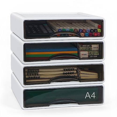 ZPONEED 4 Stück Schreibtisch Schubladenbox A4, Stapelbar Schubladen Organizer, Büro Aufbewahrungsbox mit Schublade für Schul Heim Büro Bedarf Schreibwaren