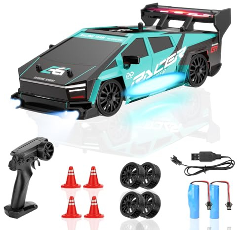 BIAOQINBO Drift Voiture de Course télécommandée, 1:24, 1000 mAh, 20 km/h, 4WD, 2,4 GHz, avec lumières LED, Jouet de Course, Cadeau d'anniversaire, pour Enfants à partir de 8 Ans (Bleu)