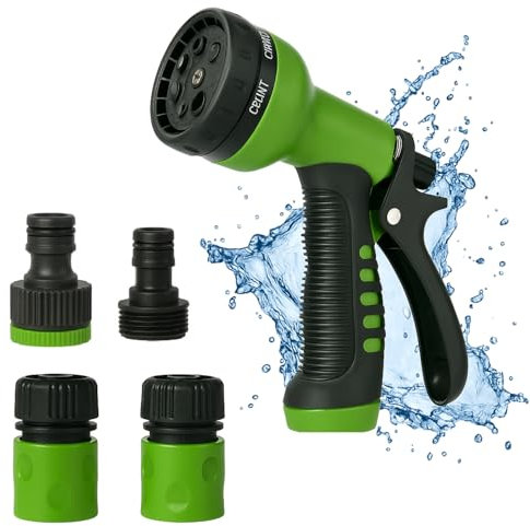 TECHZOCO Pistola de Riego, Boquilla de Pistola de Manguera Jardín, 7 Modos Pulverizar Ajustable Pistola de Agua, para Limpieza de Automóvil/Riego del jardín, Baño de mascotas, Contiene 4 adaptadores