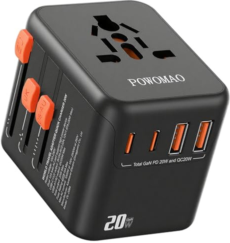 POWOMAO Universal Travel Adapter Worldwide with 2 USB C and 2 USB A Ports,Travel Plug UK to World with Dual 10A Fuses,20W All In One International Travel Adapter for EU USA UK AU Thailand,Japan,Asia