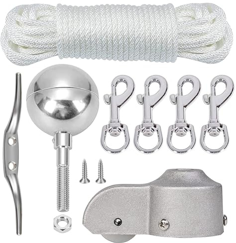 Juego de accesorios para mástil de bandera, color plateado, juego completo de reparación con bola, cuerda, corbata, mosquetón y topper de aluminio con polea, piezas de repuesto para mástil de bandera
